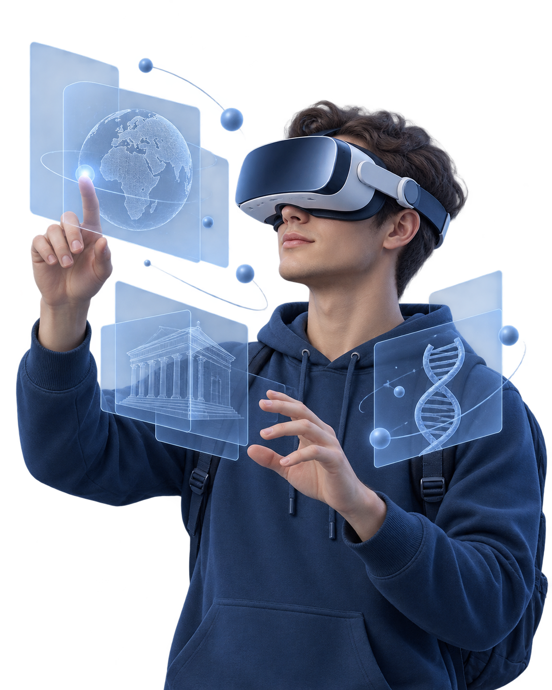 Человек в VR-шлеме взаимодействует с виртуальными моделями